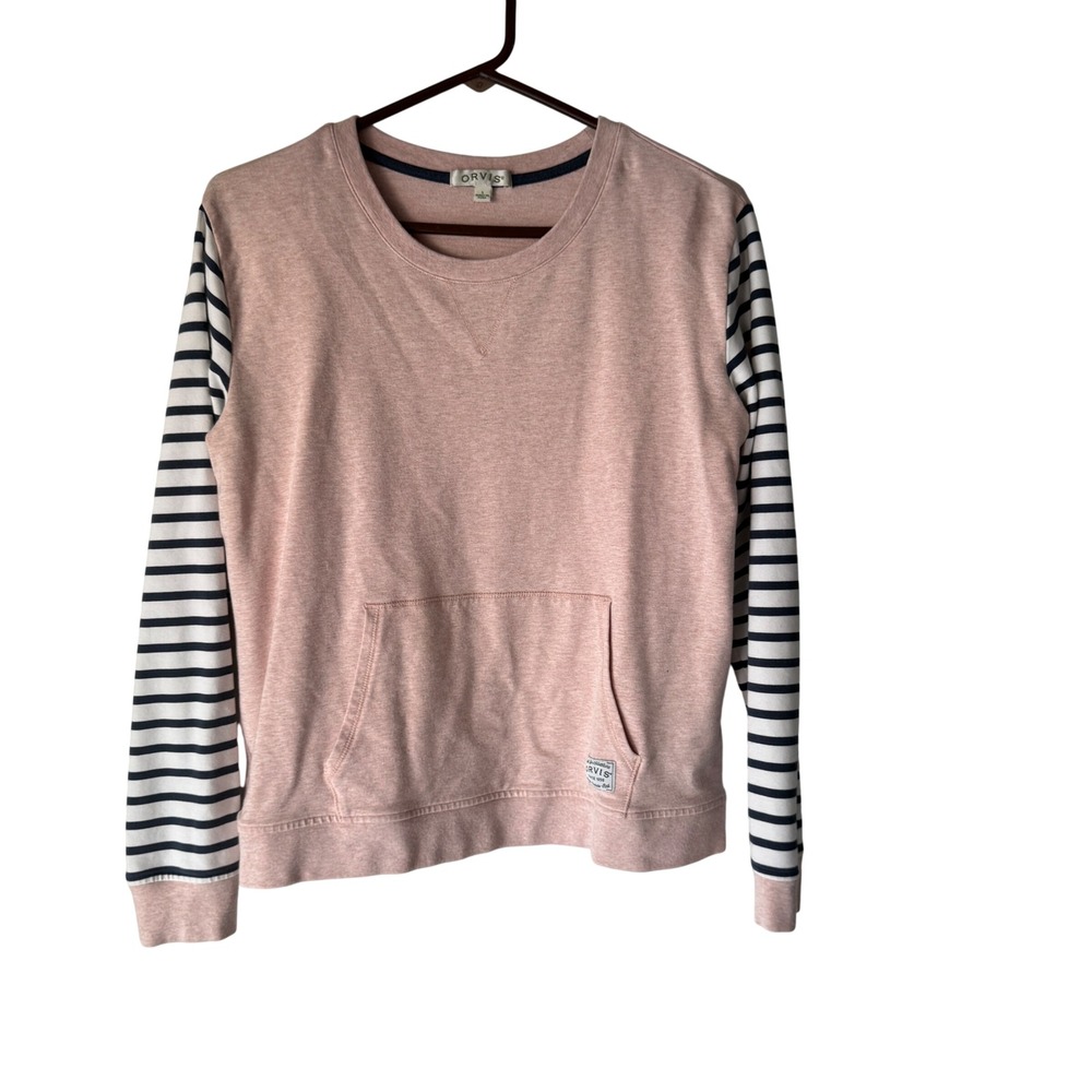 ORVIS Pink Striped Sleeve Sweatshirt Pima Cotton Small Crewneck Pullover‎ Preppy